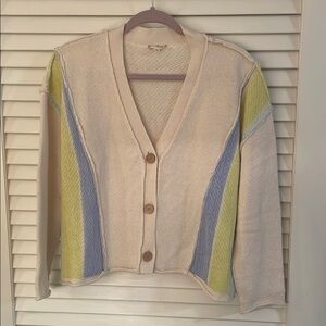 Hem & Thread Cream Cardigan MultiColor Side Stripe Design V-Neck Never Worn